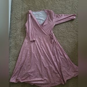 Women Faux Wrap Dress V Neck 3/4 Sleeve Midi Length Pink And White -